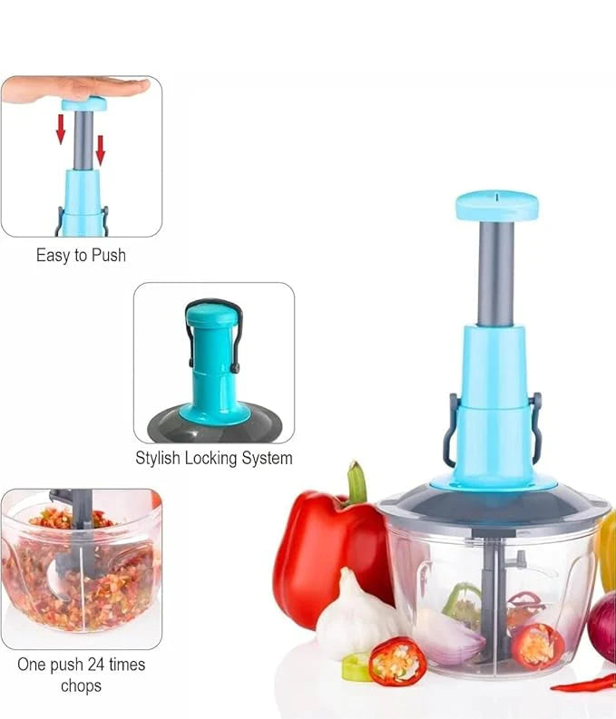Manual Hand-Press Fruit and Vegetable Chopper - Heavy Quality Push Chopper with 3 Stainless Steel Blades & Whisking Attachment