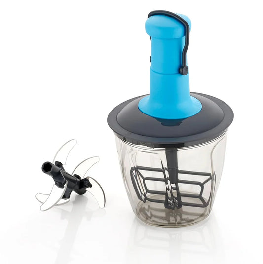 Manual Hand-Press Fruit and Vegetable Chopper - Heavy Quality Push Chopper with 3 Stainless Steel Blades & Whisking Attachment