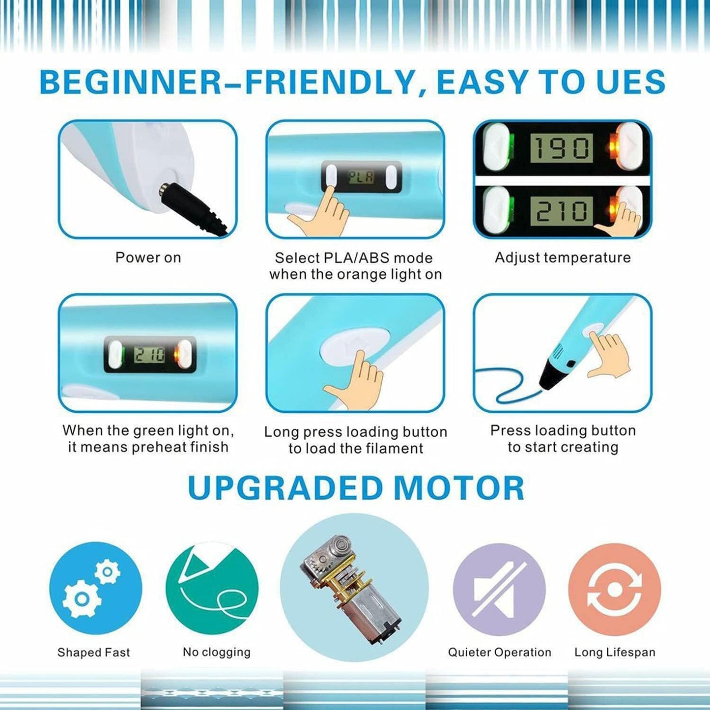 Smart 3D Printing Pen for Kids and Adults – Creative DIY Drawing Pen with LCD Display, Adjustable Speed & 3 PLA Filament Refills